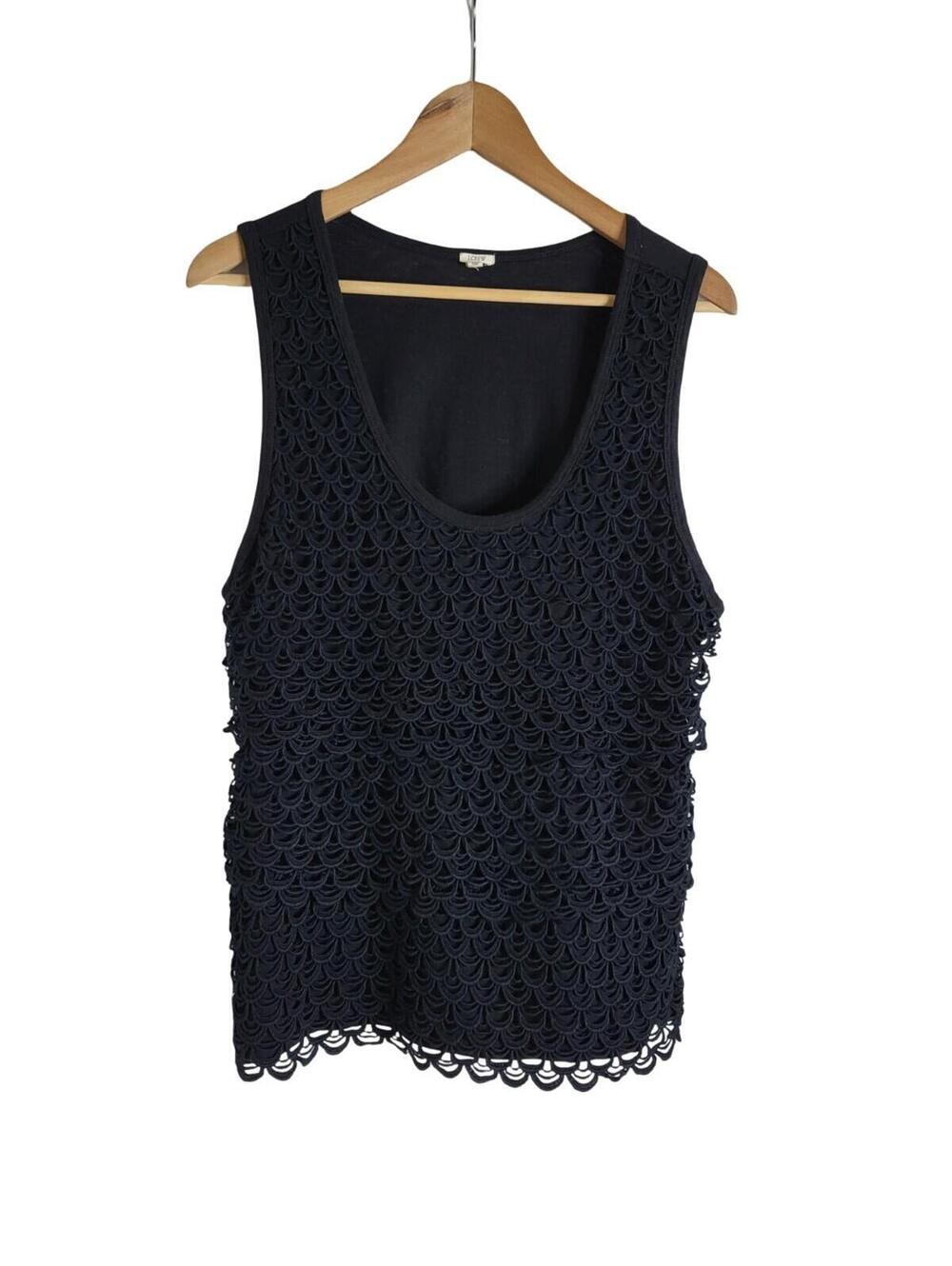 J. Crew Black Three-tiered Scalloped Overlay Tank Top Geometric Lace Size XL